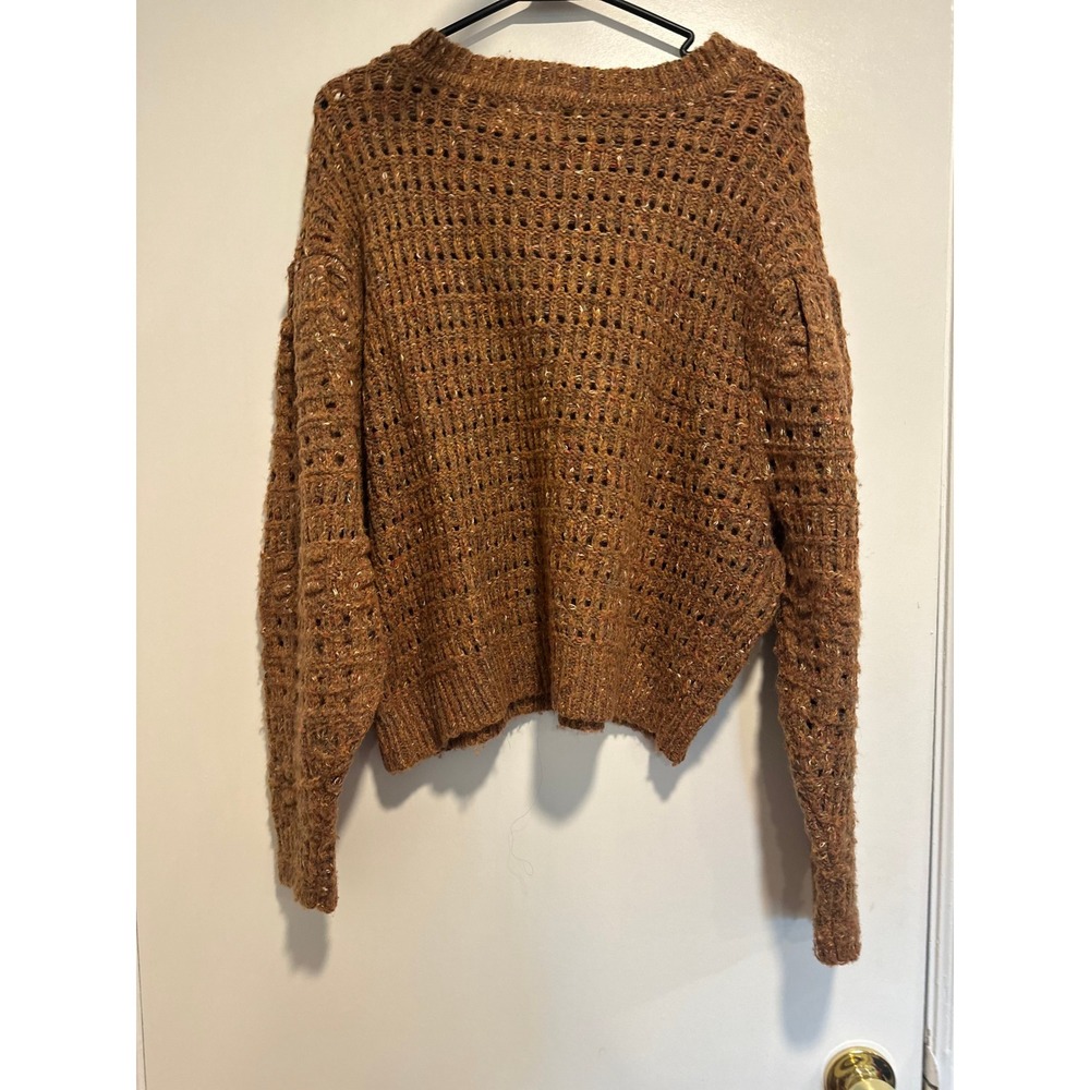 Universal Thread Boho Open Knit Sweater Sz:XL Brown Puff Sleeve Fall Earth Tones